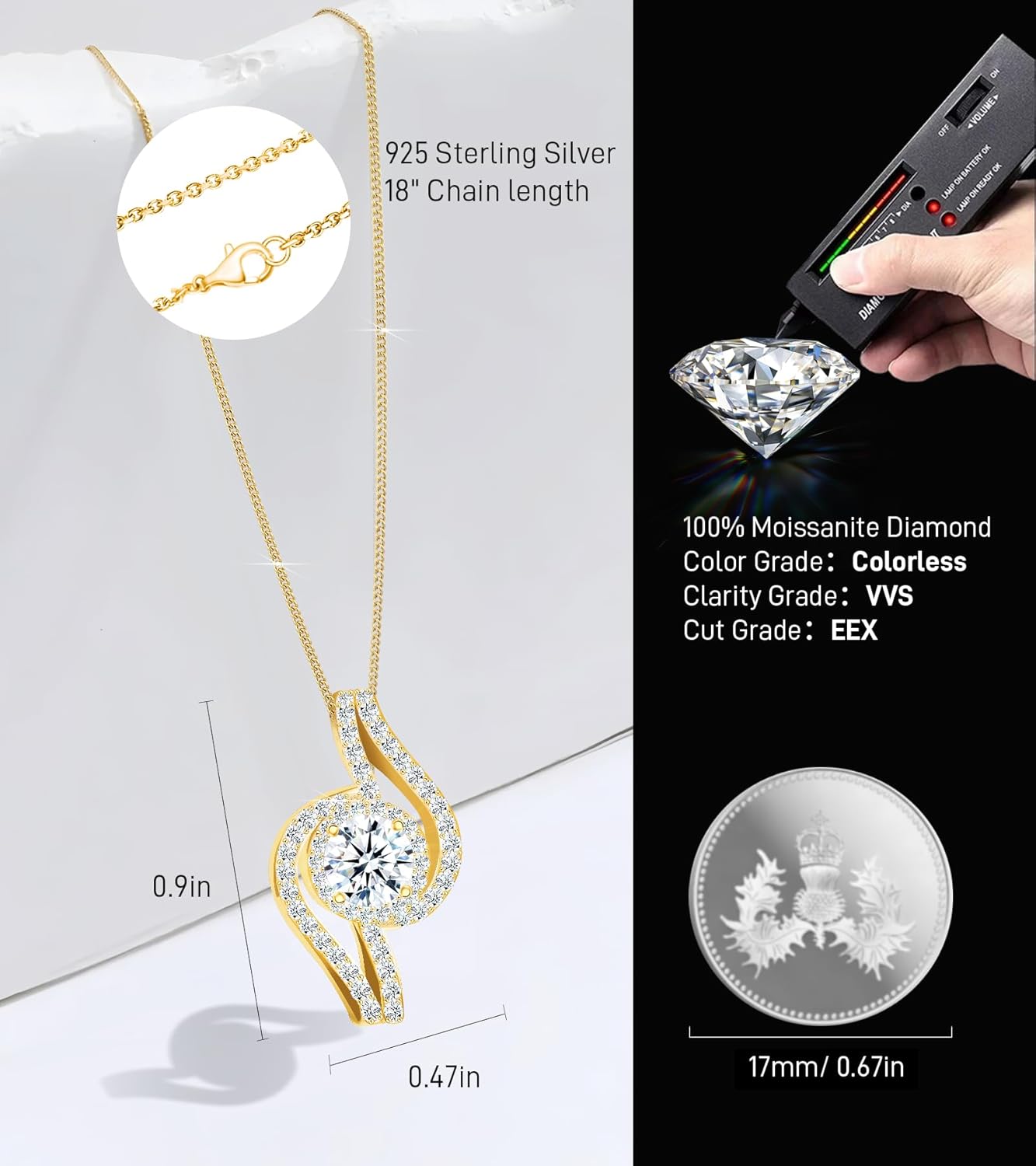 0.78 CT Round 0.55 CT Side Stones Brilliant Moissanite Diamond Pendant Necklace | S925 Sterling Silver Jewelry | Gold-Plated 18k Yellow | 18" Chain | Birthday Christmas Gift for Women Mom Girlfrend - Image 4