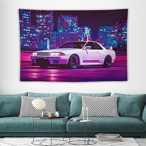 Miniatura 3 de PailailaiNest Arte de pared Jdm Car White R32 Neon City Night Scene Estética Tapiz colgante de pared para dormitorio, decoración de pared del hogar,