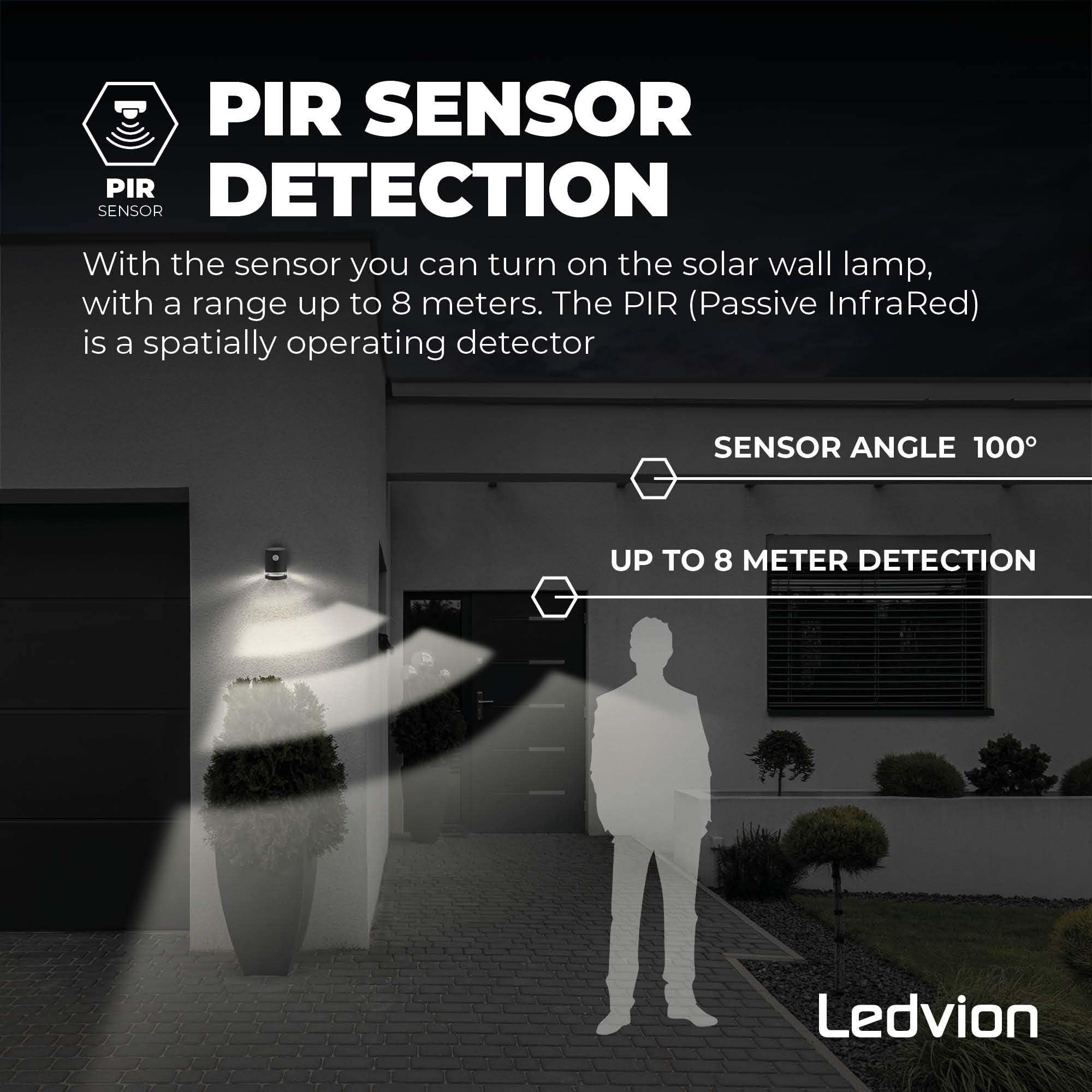Ledvion - Lampada da Parete LED Solare con Sensore, 3000K, IP44, Nera, Elara, Lampada da Esterno, Luce Atmosferica, Illuminazione da Giardino