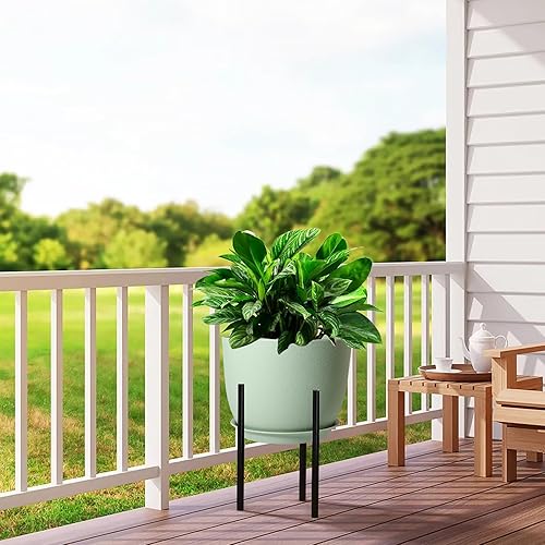 Miniatura 6 de Macetas grandes y modernas, 12109, macetas de plástico con agujeros de drenaje y platillos para plantas de interior y exterior, flores, color verde