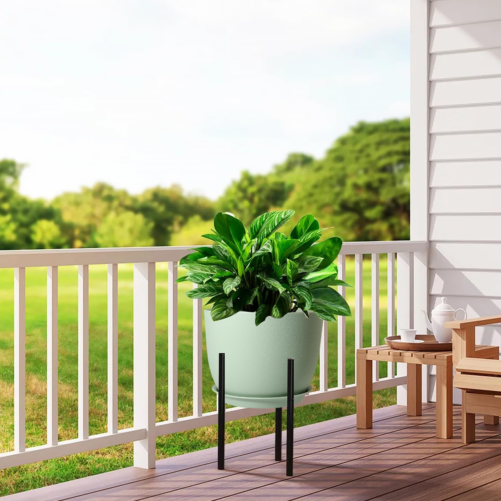 UOUZ Maceta grande de 12 pulgadas, moderna maceta de plástico con agujeros altos y platillo para plantas y flores de jardín en interiores y exteriores, color verde