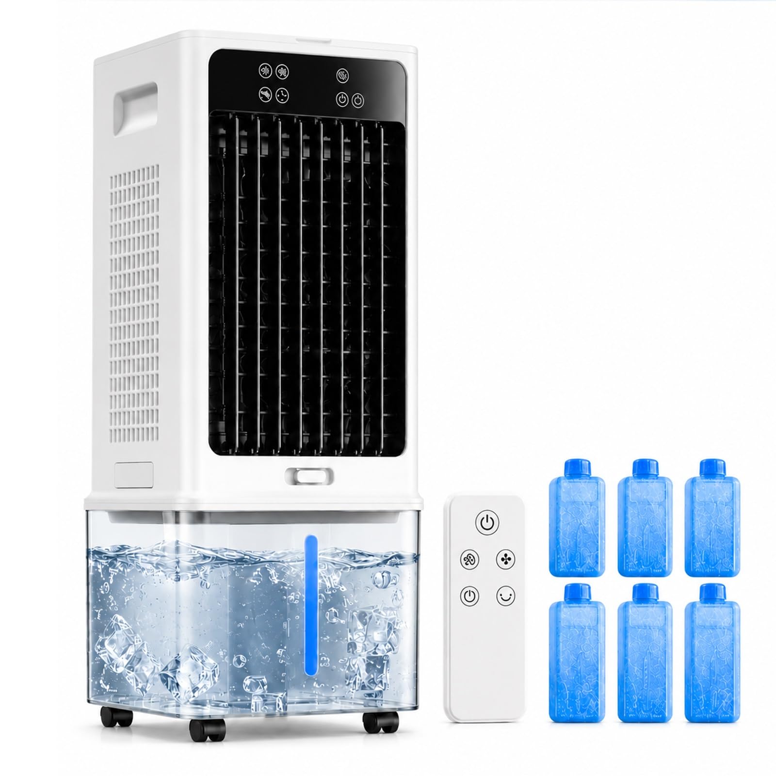 Climatizador Evaporativo Portátil para Hogar, Enfriador de Aire con Ventilador, Depósito de Agua Extraíble, 6 Acumuladores de Frío, Temporizador 12H
