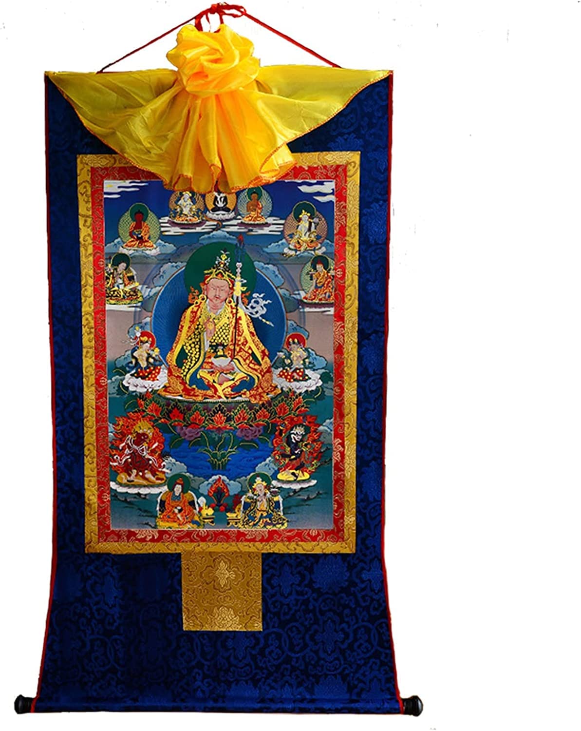 Silk Scroll Painting， Padmasambhava Buddhist Thangka Brocade Embroidery Painting Vintage Tibetan Tapestry(Blu,M)