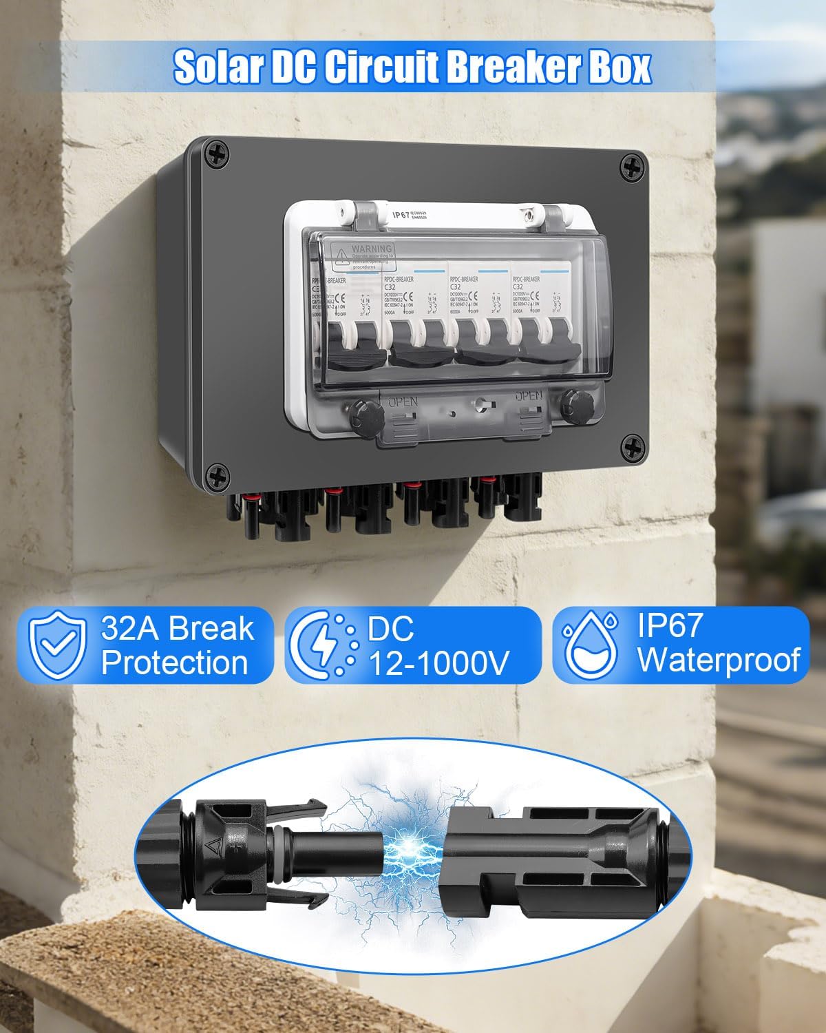 32A Solar DC Leistungsschalter Box 4 Strings, 12-1000V Solarpanel Trennschalter mit MC4 Steckern, IP67 Wasserdicht PV-Unterbrecher mit transparenter Abdeckung für Gitter/Off-Grid Systeme RV PV Array