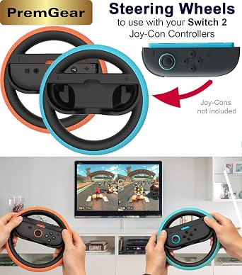 Mario Kart World for Nintendo SWITCH 2, with PremGear Racing Steering Wheels, Driving Grips for Joy-Con Controllers (2 pack), 24 Slot Game Card Holder & Cleaning Cloth