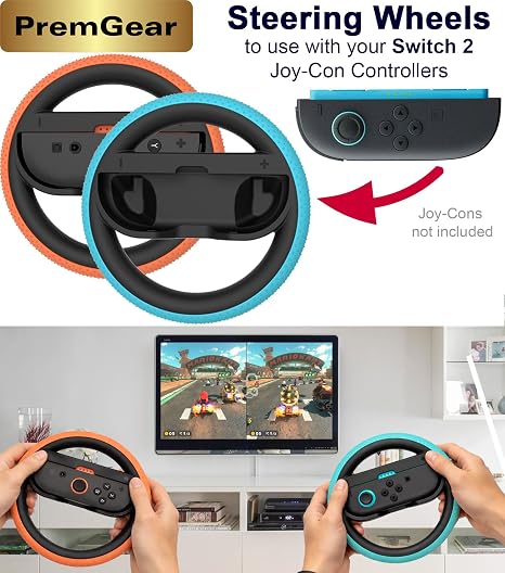 Mario Kart World for Nintendo SWITCH 2, with PremGear Racing Steering Wheels, Driving Grips for Joy-Con Controllers (2 pack), 24 Slot Game Card Holder & Cleaning Cloth