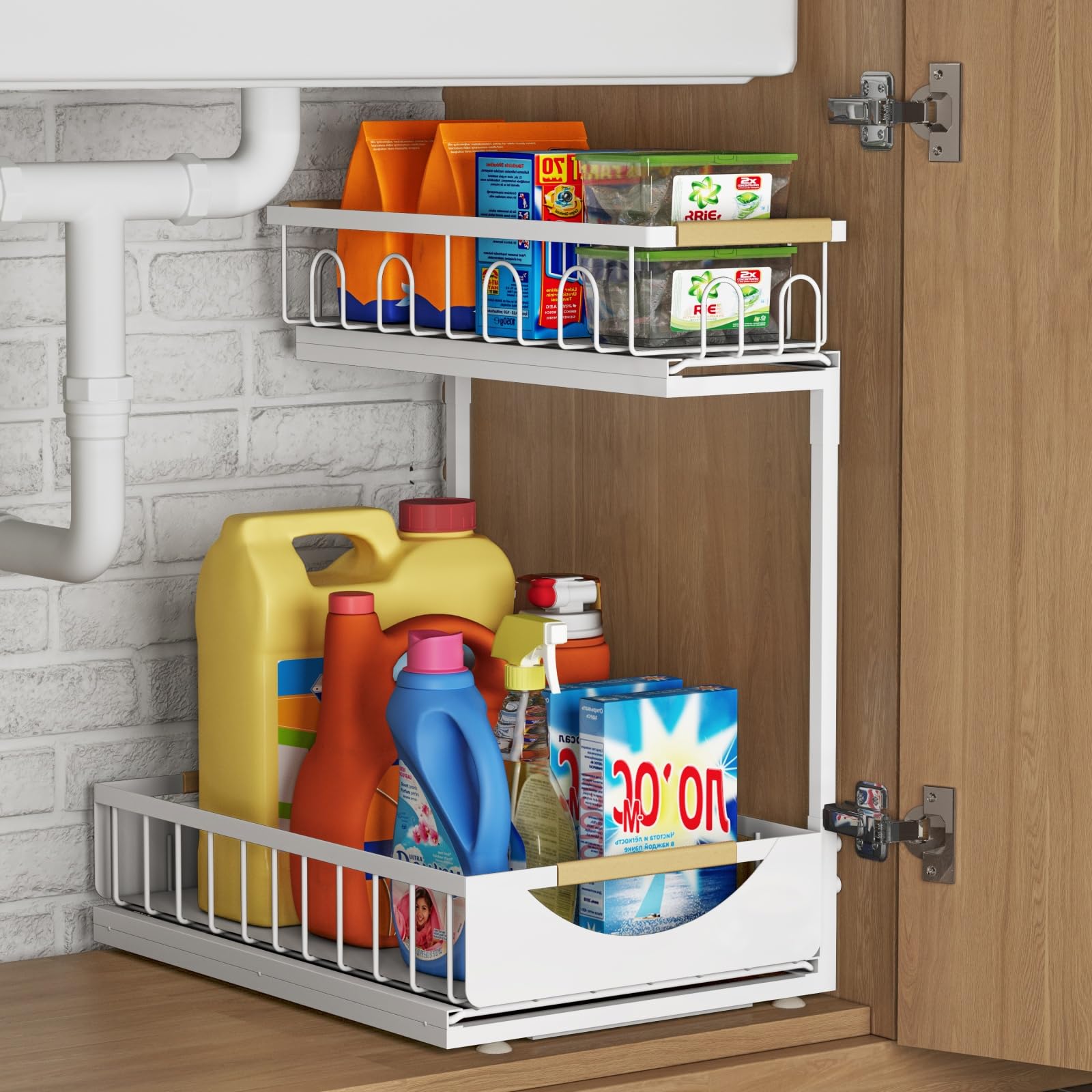 Fantasnight Kitchen Under Sink Storage Organiser - 2 Tier Metal Undersink Organisation for Cupboard - 1 Pack White