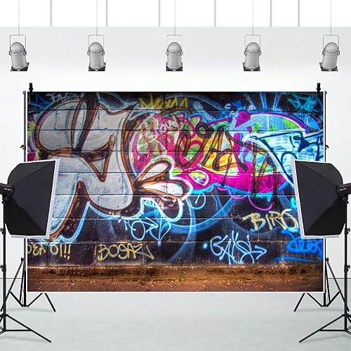 Miniatura 5 de Yeele Fondo de pared de graffiti retro de 7 x 5 pies, pared de ladrillo rústico de los años 80 y 90, dibujo a mano, pintura de graffiti, tema de hip