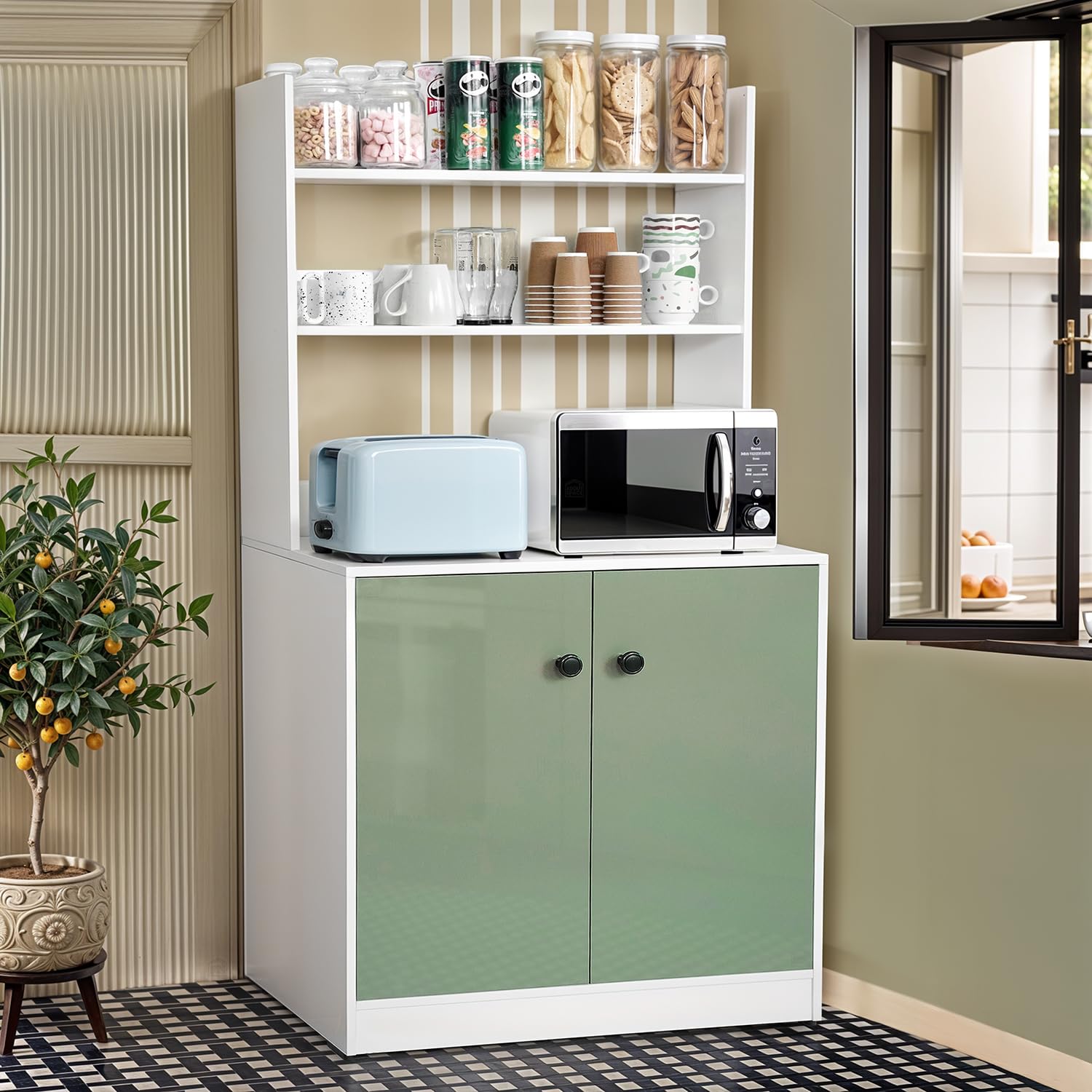 ABOUT SPACE 5 Tier Kitchen Organizer Rack - 5.5 ft Wooden Kitchen Cabinet with 3 Open Shelves & 2 Storage Rack with Door Easy to Assemble for Home Living Room (White, Green - L 80 x B 40.5 x H 163 cm)-image-19