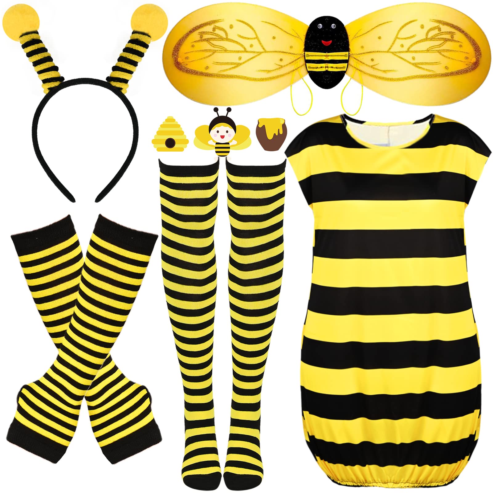 Bofeiya Bee Costume Set for Adults, Bee Bopper Antenna Headband, Arm Warmers, Knee Socks, Bee wings, Bee Dress for Women Halloween Cosplay Favors (L), Yellow