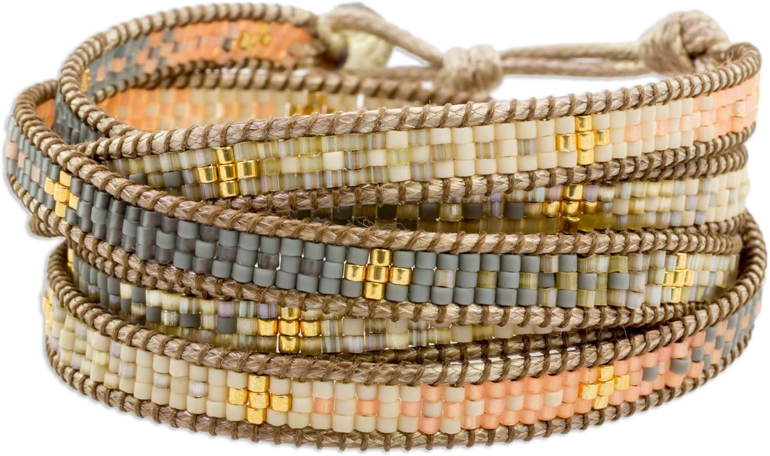 NOVICA Artisan Handcrafted Beads Beaded Bracelet | Petite Glass | Nylon Cord | Colorful Wrap | Pewter Button | Cultural Heritage | Glass Beads | Guatemala 'Cerro de la Cruz in Grey' 35" L x 0.3" W