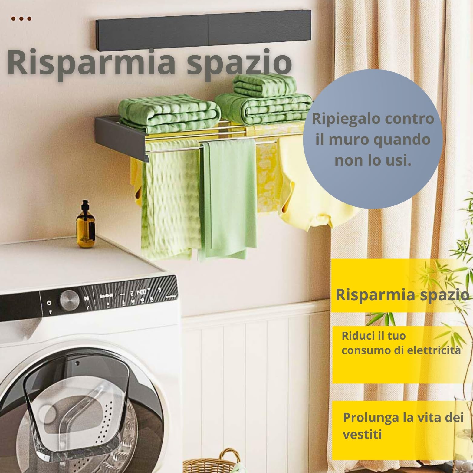 Stendino da Parete Pieghevole Estensibile Retrattile 80 cm con 24 Pinze Stendibiancheria da Muro Richiudibile Antiruggine Interno Esterno Salvaspazio