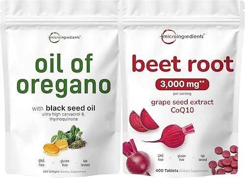 Micro Ingredients Cápsulas blandas de aceite de orégano y raíz de remolacha 3,000 mg comprimidos con semilla de uva + paquete CoQ10 Timoquinona de