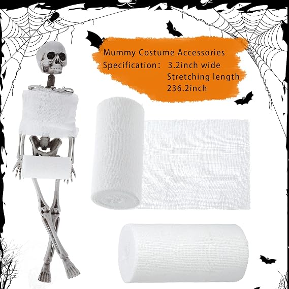 BBTO 6 Rolls Halloween Performance Mummify Cotton Bandages Gauze Rolls White Gauze Wrap Zombie Crepe Bandage Cosplay Mummy Stretch Bandage Roll Halloween Cosplay Wounded Photography Props