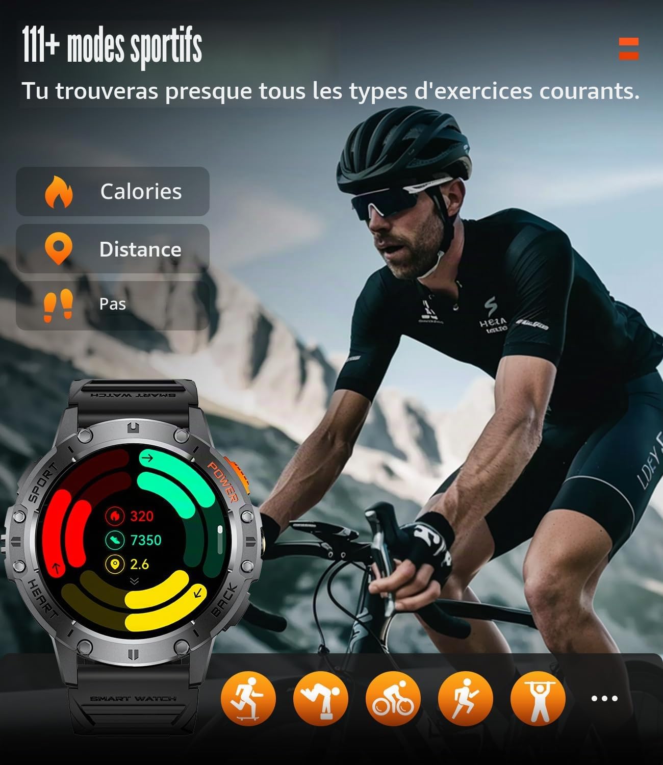 ESFOE Montre Connectée Homme Militaire,1.43'' AMOLED Écran/Lampe/530 mAh Smartwatch Homme Appel Bluetooth,Fréquence Cardiaque,Sommeil,Podometre,5ATM Étanche Fitness Tracker Android/iOS Noir