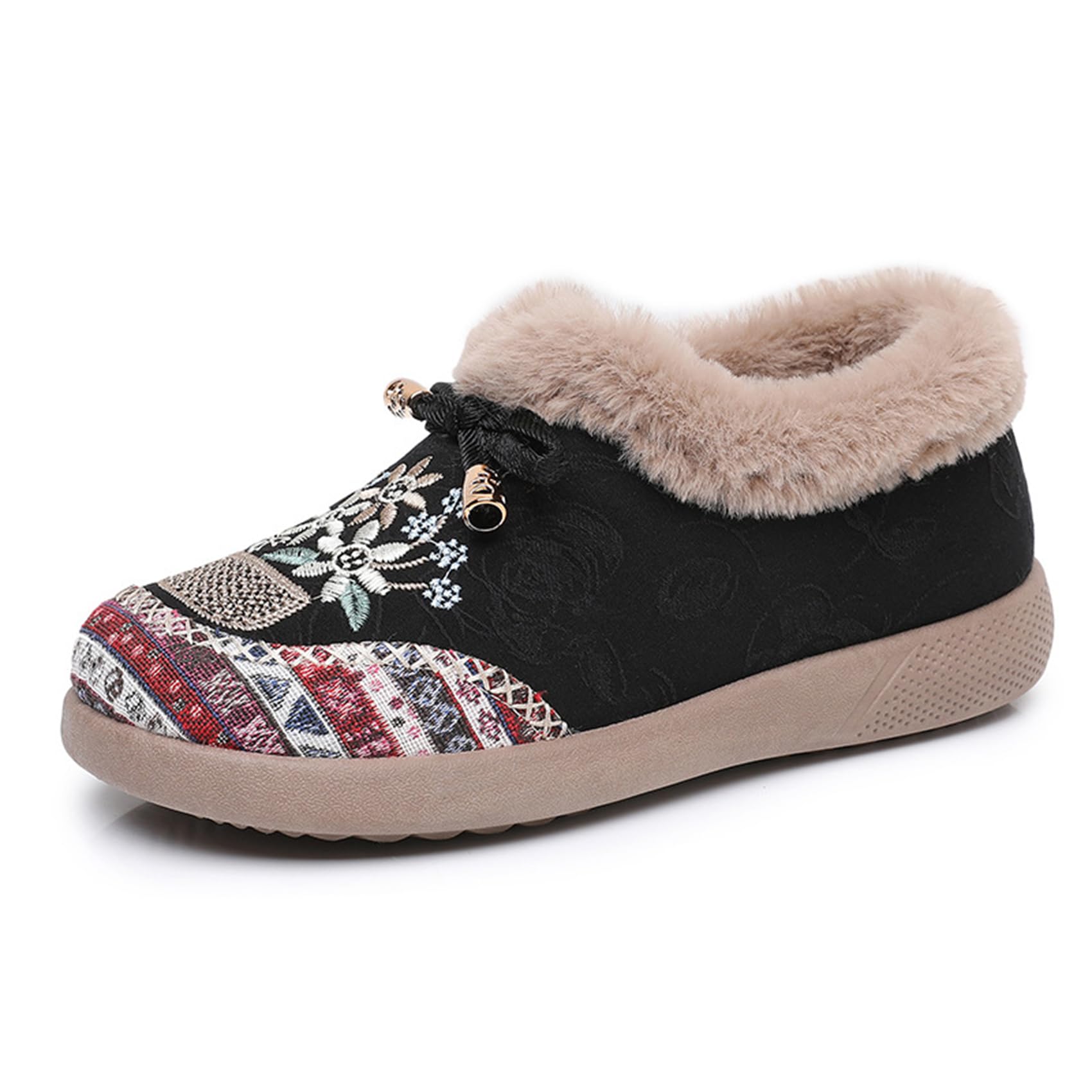 Womens Lined Boots for Winter and Fall Non-Slip Cotton Boots with Embroidery Indoor Outdoor Cozy Booties