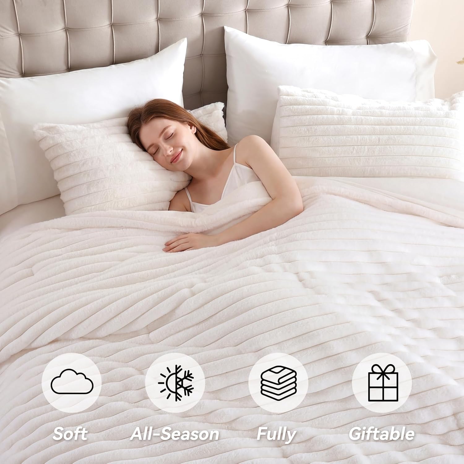 weigelia Full Comforter Set 7 Piece Fluffy Fleece Bedding Set, Soft Cream White Bed Set with Luxury Fuzzy Bed in a Bag, All Season Warm Bedding Sets with Comforter, Sheets, Pillowcases & Shams