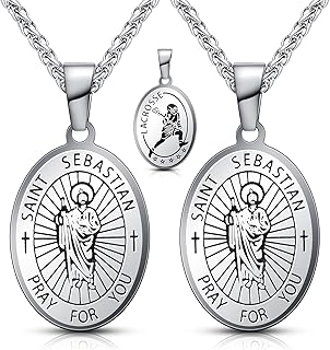 2 Pcs Lacrosse Medal Necklace for Men with St Saint Christopher Medallion Stainless Steel Chain Carded Set with Prayer Card Saint Christopher Athlete Sports Medal Pendant