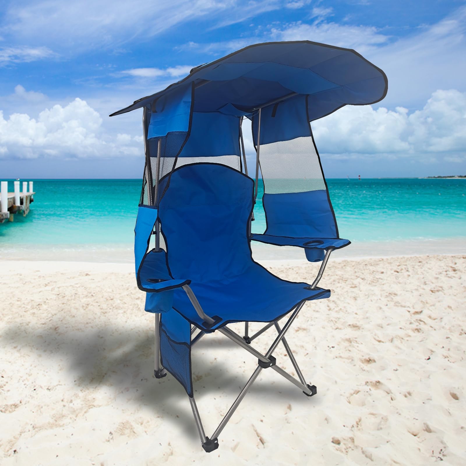 PLKO Camping Chairs with Canopy, Portable Quad Lawn Chair for Adults, Folding Recliner Chair with Cup Holder Outdoor Events and Shade- Support 330 LBS?Light Blue