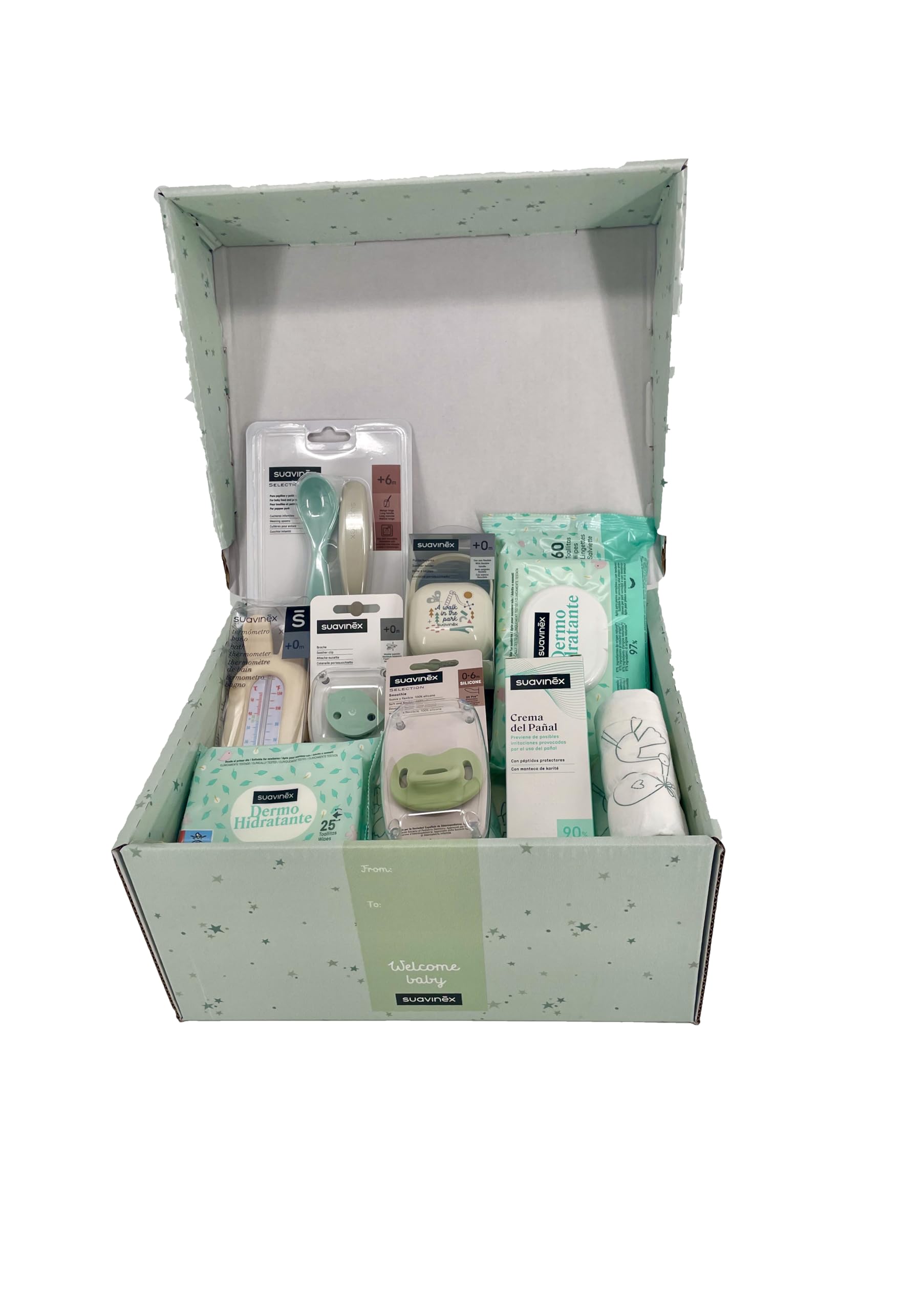 Caja con productos SUAVINEX, Regalo Bebé Recién Nacido Niña Niño Canastilla Bebe Recién Nacido. Chupete Gel Toallitas Loción Crema. Cesta Accesorios Bebe Recien Nacido Regalos Mamás Primerizas