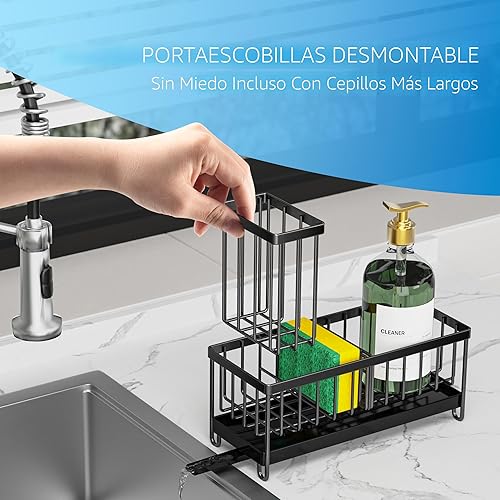 Miniatura 3 de Cisily Soporte de esponja negro para fregadero de cocina, organizador de caddy de fregadero con soporte alto para cepillo, organizadores de encimera