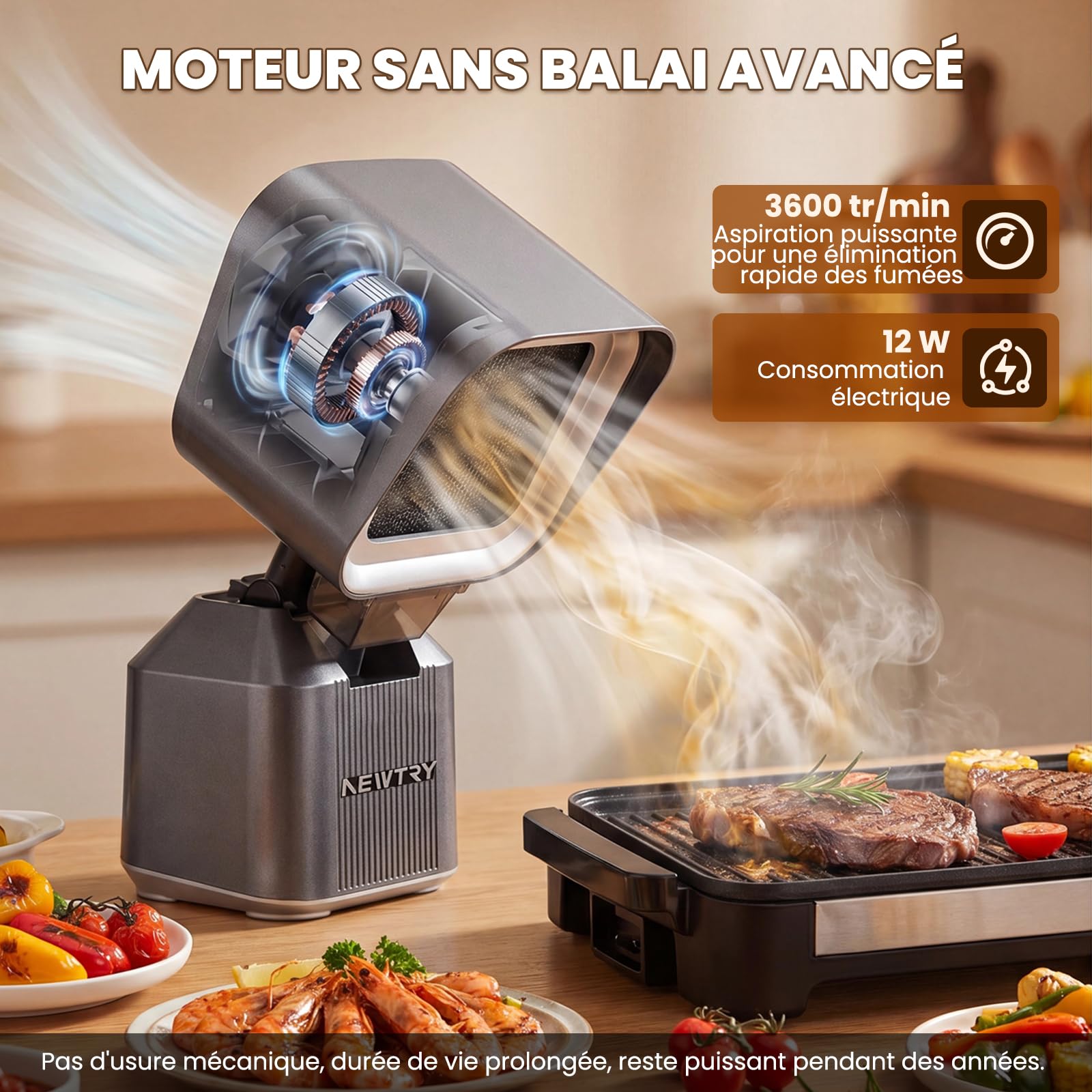NEWTRY Hotte aspirante mini portable 2 filtres 3600 RPM forte aspiration | Portable, filtres lavables, puissant, polyvalent pour barbecue, camping-car, facile à nettoyer, design compact, durable