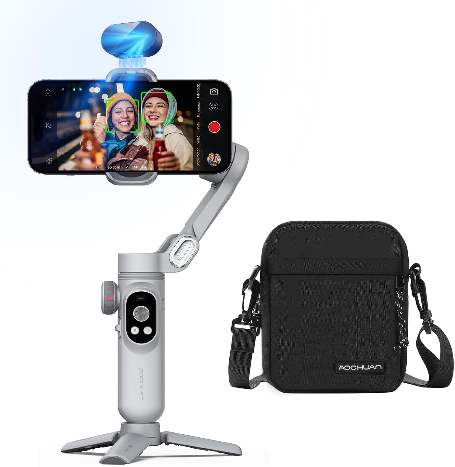 AOCHUAN 3-Axis Gimbal Stabilizer for Smartphone Smart AI X Pro Grey & B10 Storage Bag