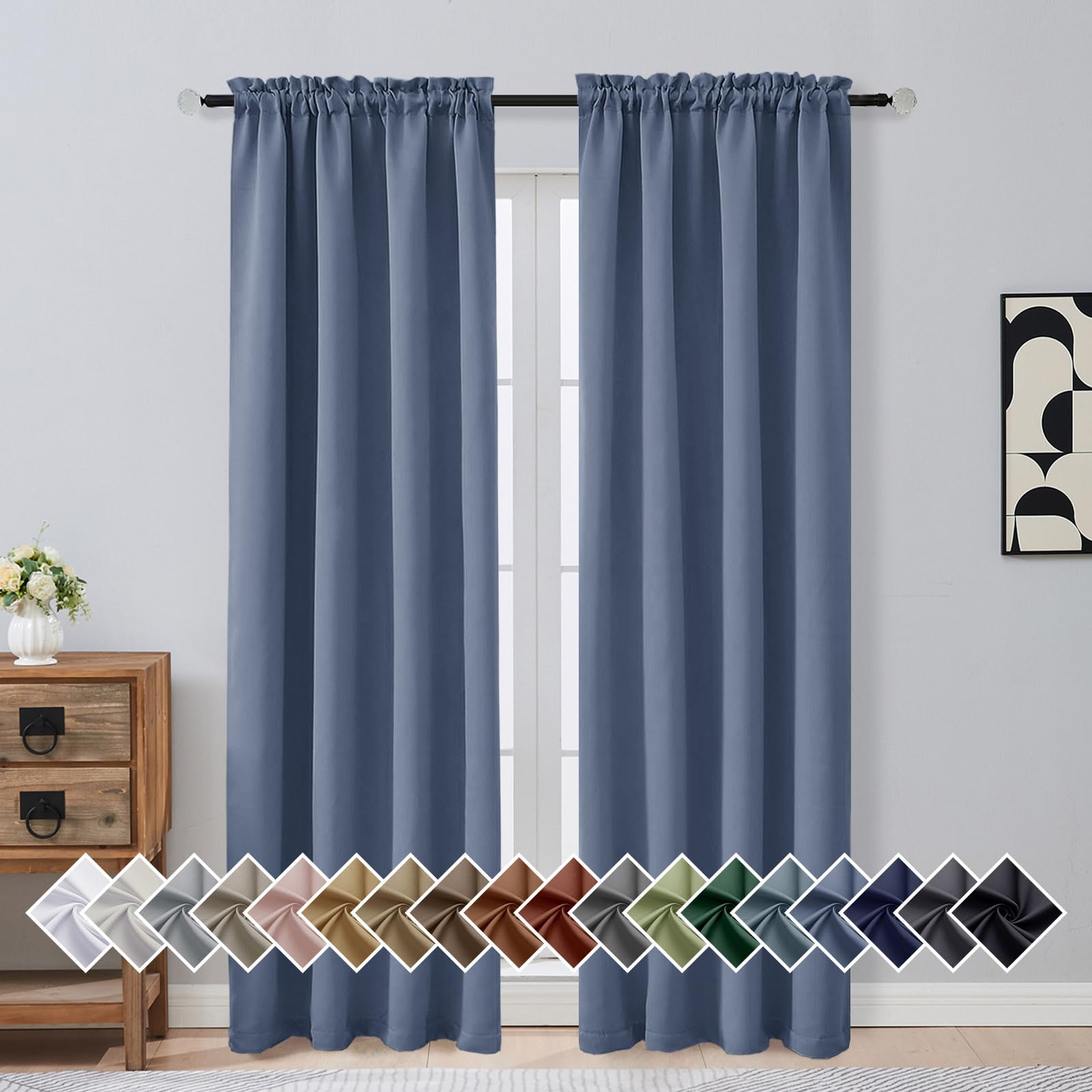 OVZME Denim Blue Blackout Curtains for Bedroom 84 Inch Length 2 Panels, Soft Fabric Room Darkening Curtains for Living Room, Dual Rod Pocket Design Modern Window Treatment Drapes, 2x40Wx84L Inches