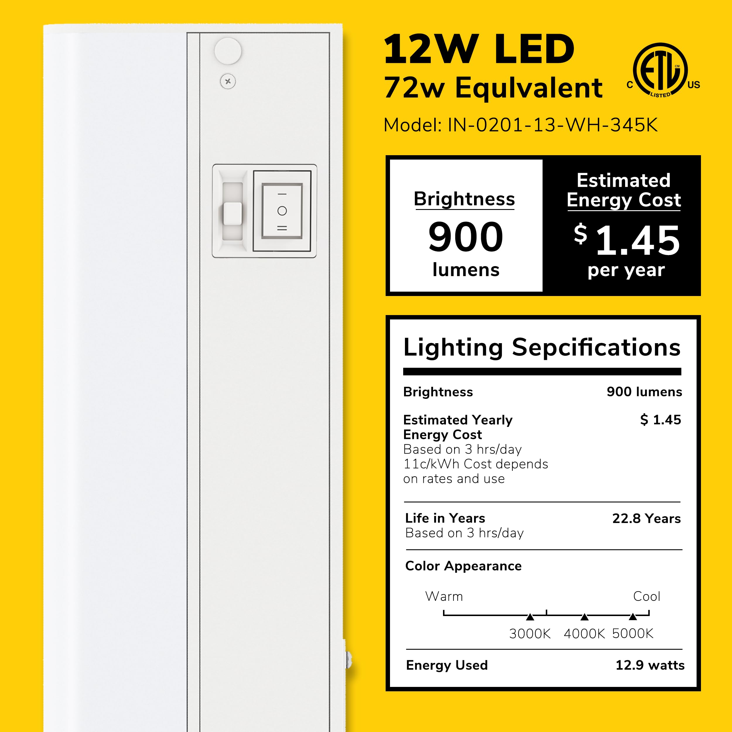 GETINLIGHT Luces LED regulables cableadas solo de 3 colores para debajo del gabinete, 61 cm, blanco suave (3000 K), blanco brillante (4000 K), luz blanca diurna (5000 K), acabado blanco mate