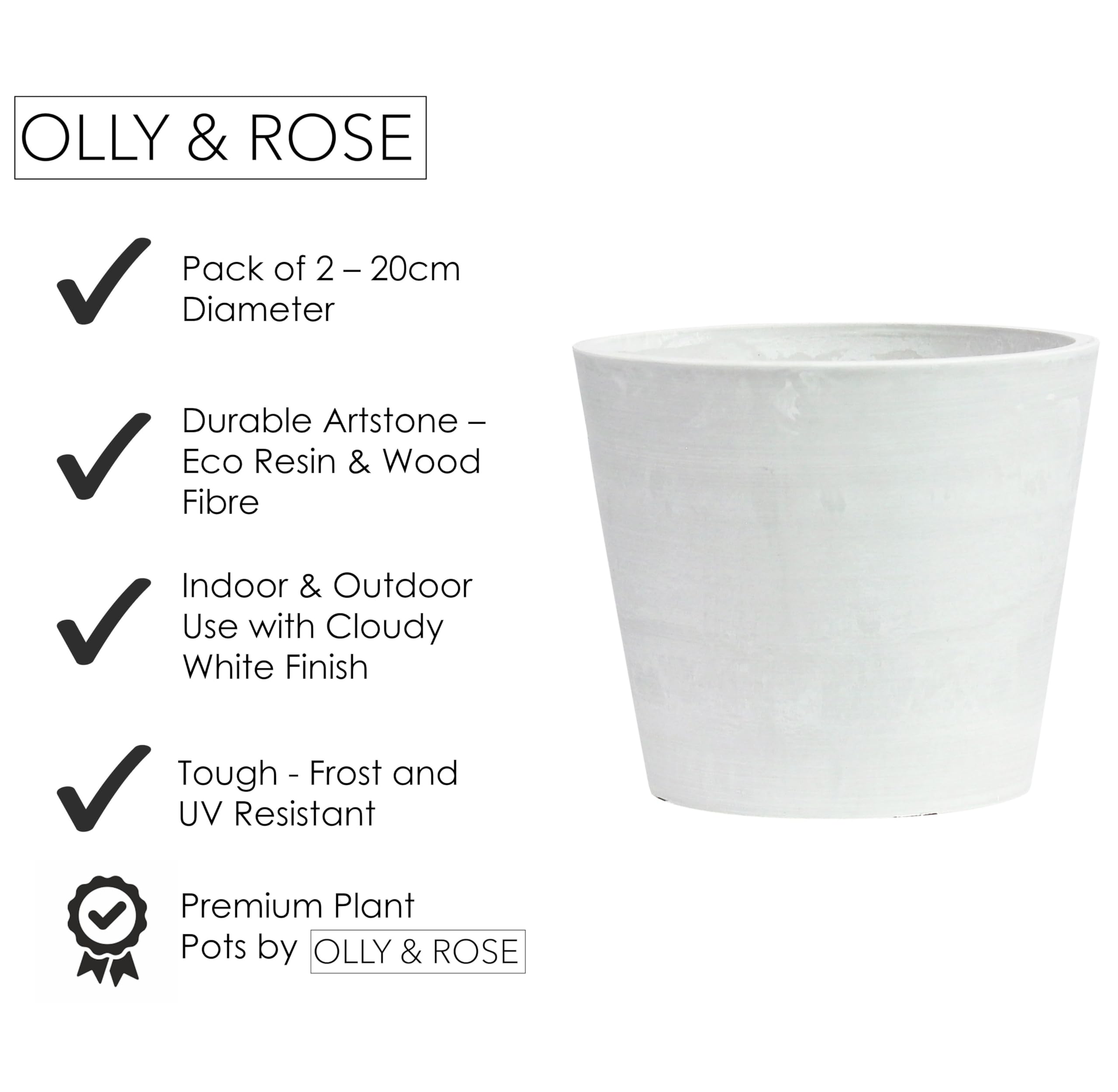 Olly & Rose Artstone Lot de 2 grands pots de fleurs en bois et résine pour intérieur et extérieur Blanc pierre 20 cm