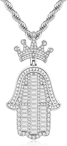 Silver Hamsa Necklace for Men with - 24inch Stainless Steel Rope Chain Iced Out Pendants with Fatima Hand Fashion Hiphop Jewelry Personalized Gift