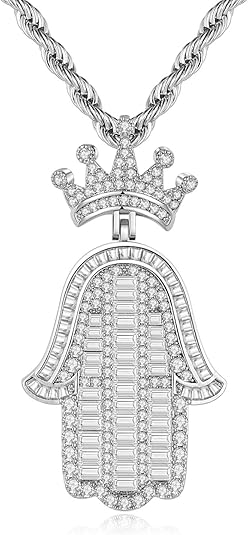 Silver Hamsa Necklace for Men with - 24inch Stainless Steel Rope Chain Iced Out Pendants with Fatima Hand Fashion Hiphop Jewelry Personalized Gift