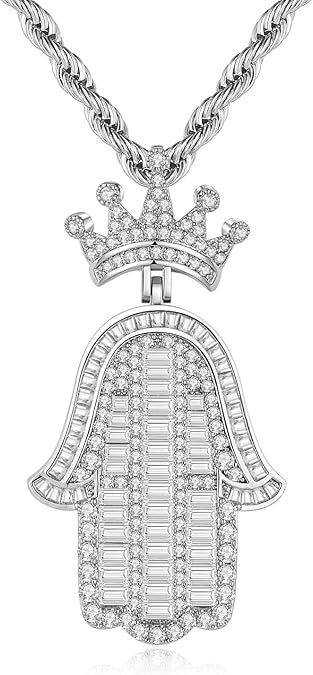 Silver Hamsa Necklace for Men with - 24inch Stainless Steel Rope Chain Iced Out Pendants with Fatima Hand Fashion Hiphop Jewelry Personalized Gift