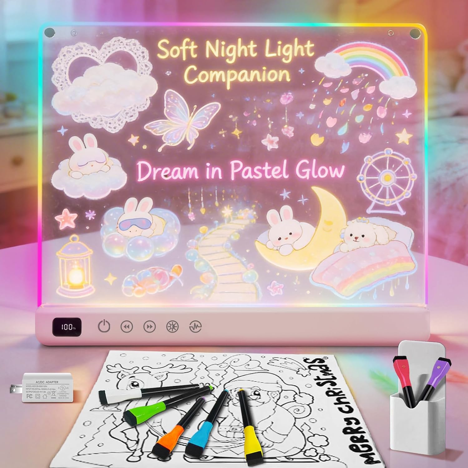 Rechargeable Led Drawing Board for Kids, Light Up Drawing Pad with 8 Color 6 Modes, LED Dry Erase Board with Built-in Stand, 7 Markers & Tracing Book, Gifts for Christmas Birthday Gifts Presents(Pink)