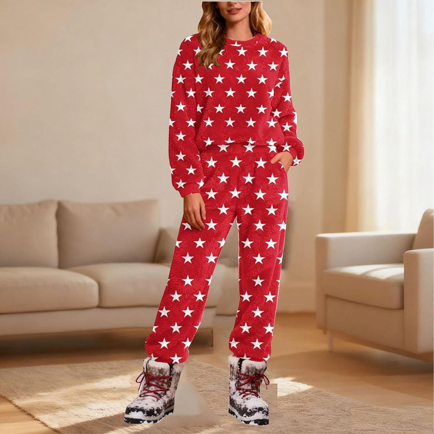 Oplxuo Women's Fuzzy Fleece Pajamas Set Cute Heart Print Soft Warm Flannel Sleepwear Long Sleeve 2 Piece PJ Set Loungewear