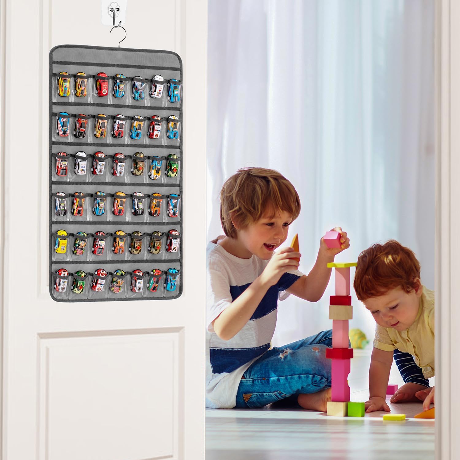Toy Cars Wheels Storage Holder Matchbox Cars Organizer Dual Sided Hanging Toy Cars Display Case with 84 Clear Pockets (Dual Sides-Grey)