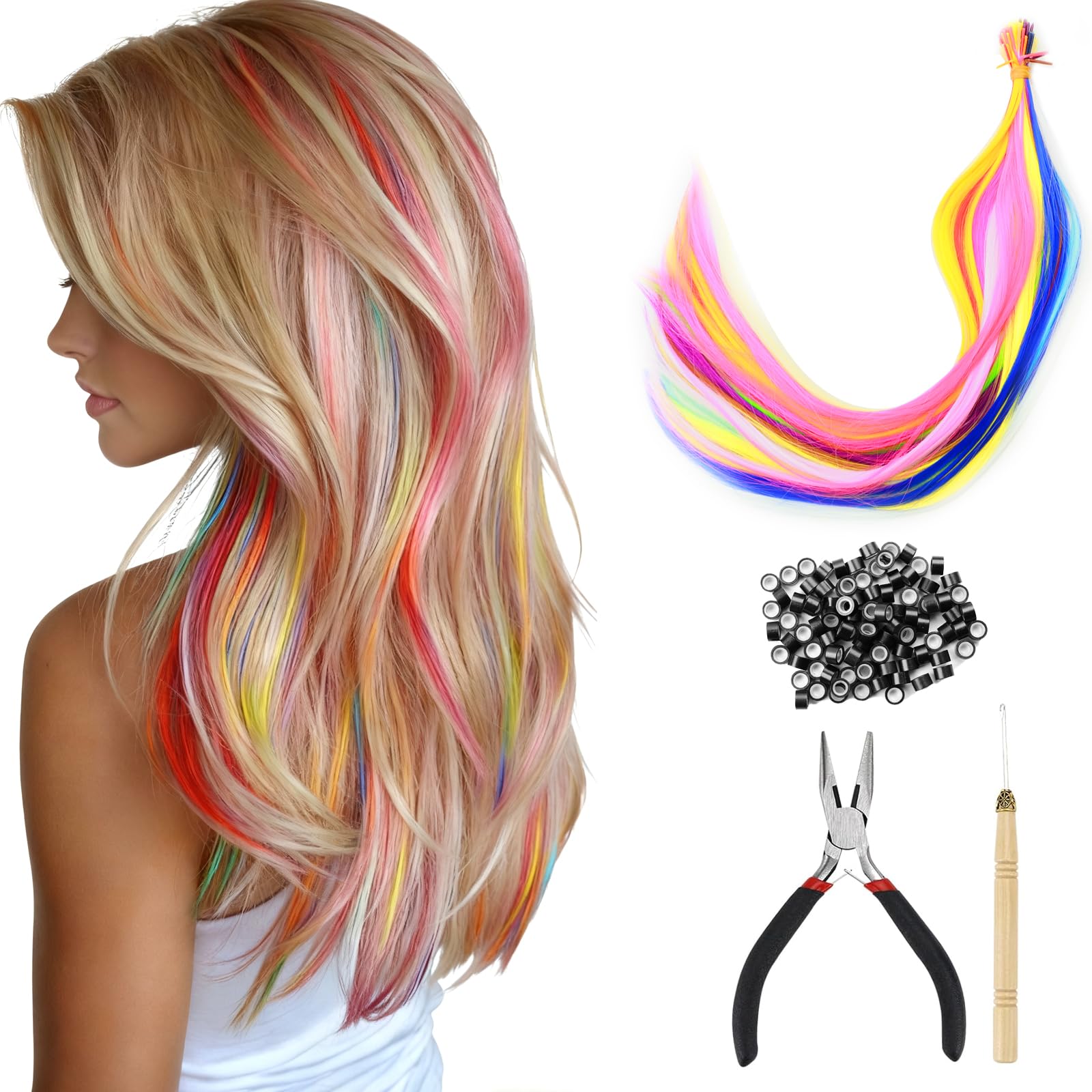 50 Pezzi Estensioni dei Capelli Colorati, 10 Colori Bambini Estensione dei Capelli Sintetici da 16 Pollici con 100 Perline, Pinze e Uncino Accessori per Capelli Natalizi per Ragazze Donne Bambini