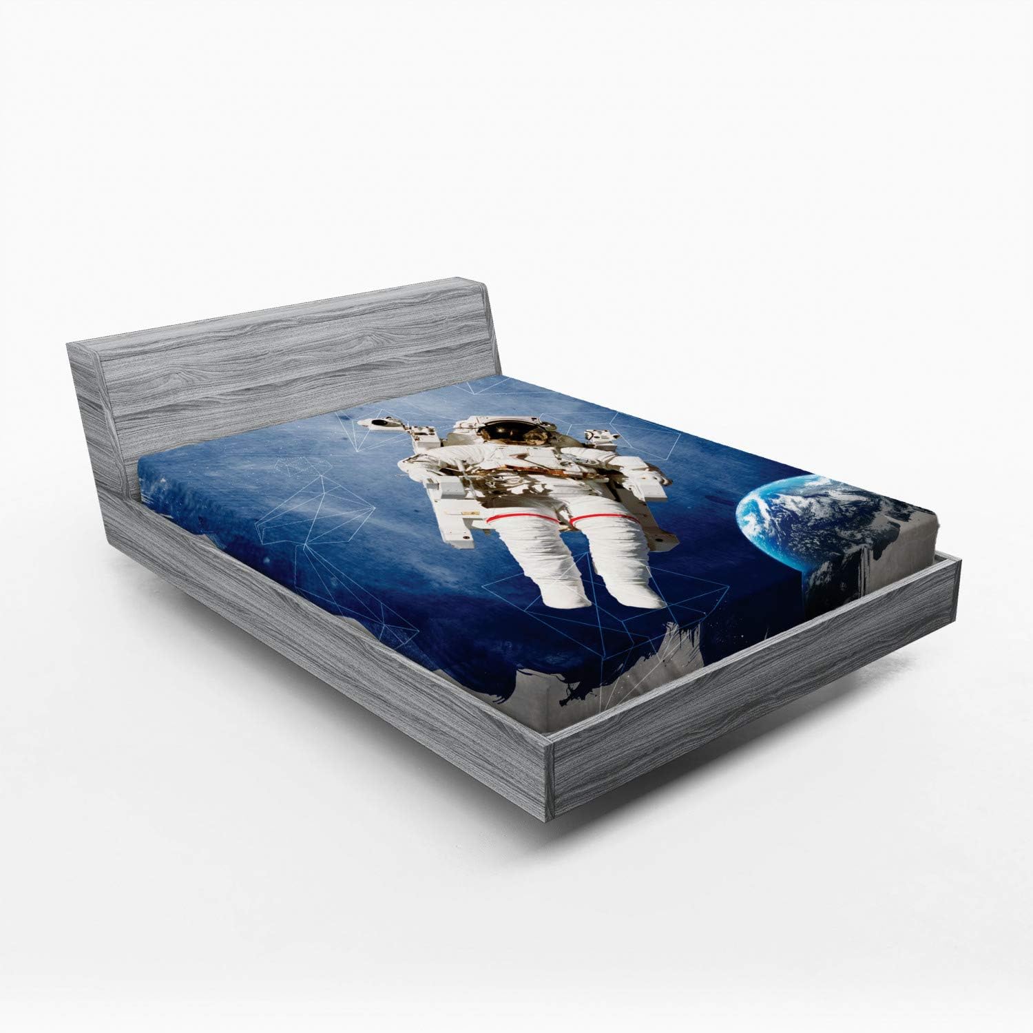 Ambesonne Galaxy Fitted Sheet, Grunge Astronaut and Planet Earth with Geometric Digital Art Watercolor Print, Soft Decorative Fabric Bedding All-Round Elastic Pocket, Queen Size, Blue and Grey