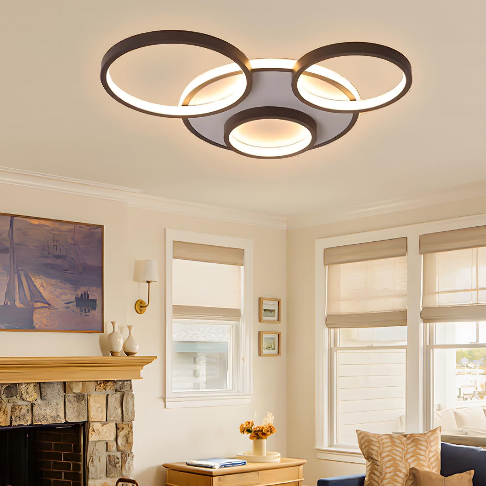 Nowoczesna LED Lampa Sufitowa, Ø53cm Czarna Lampa Multi Circle, 42W Płynną Regulacją Ściemniania 3000-6000K, Okrągły Metalowy Żyrandol + Akrylowy Żyrandol, Sypialnia Salon (4 Pierścienie)