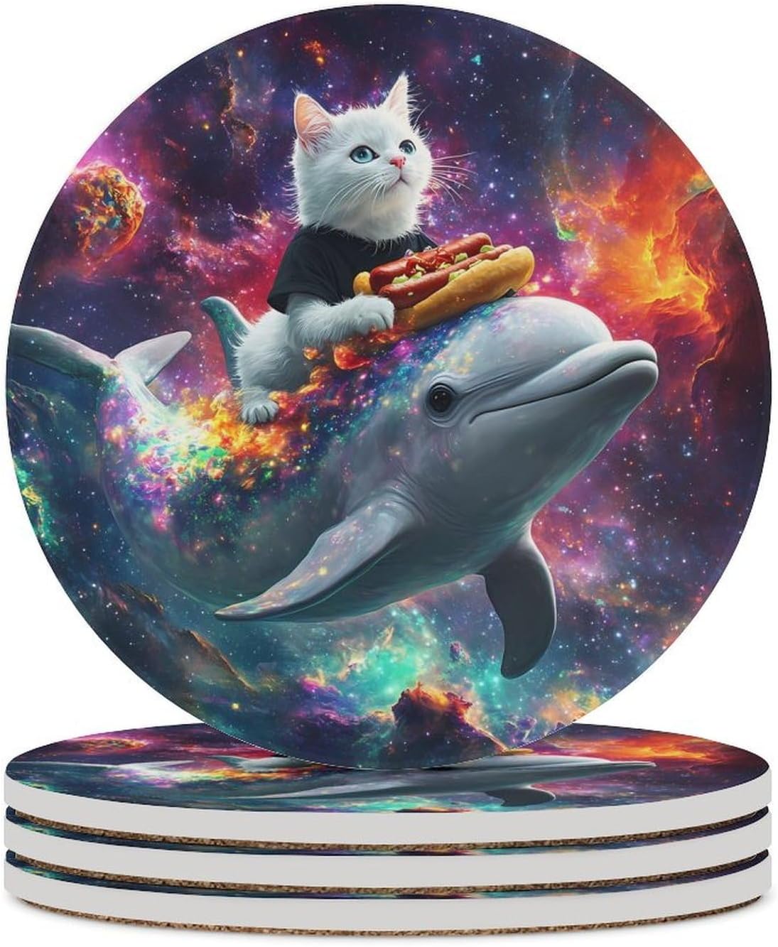 Cat Riding on Dolphin Hot Dog Funny Round Ceramic Coasters for Drink Absorbent Cup Holders Tabletop Protection