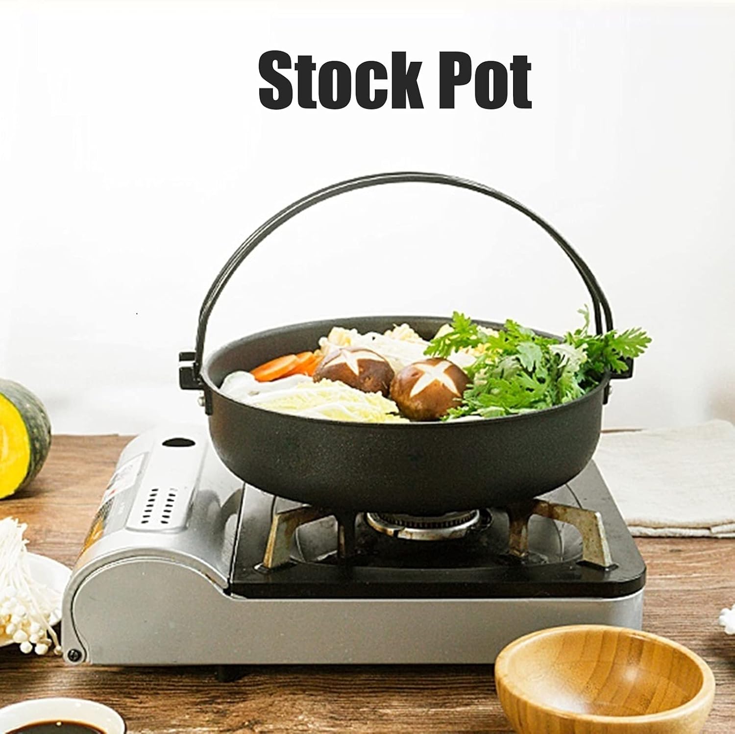 Japanese Hot Pot, 10.6 Inchs Sukiyaki Nabe Pot Shabu Shabu Hot Pot Pan Soup Pot Saucepan with Handle & Lid for Induction Cooker