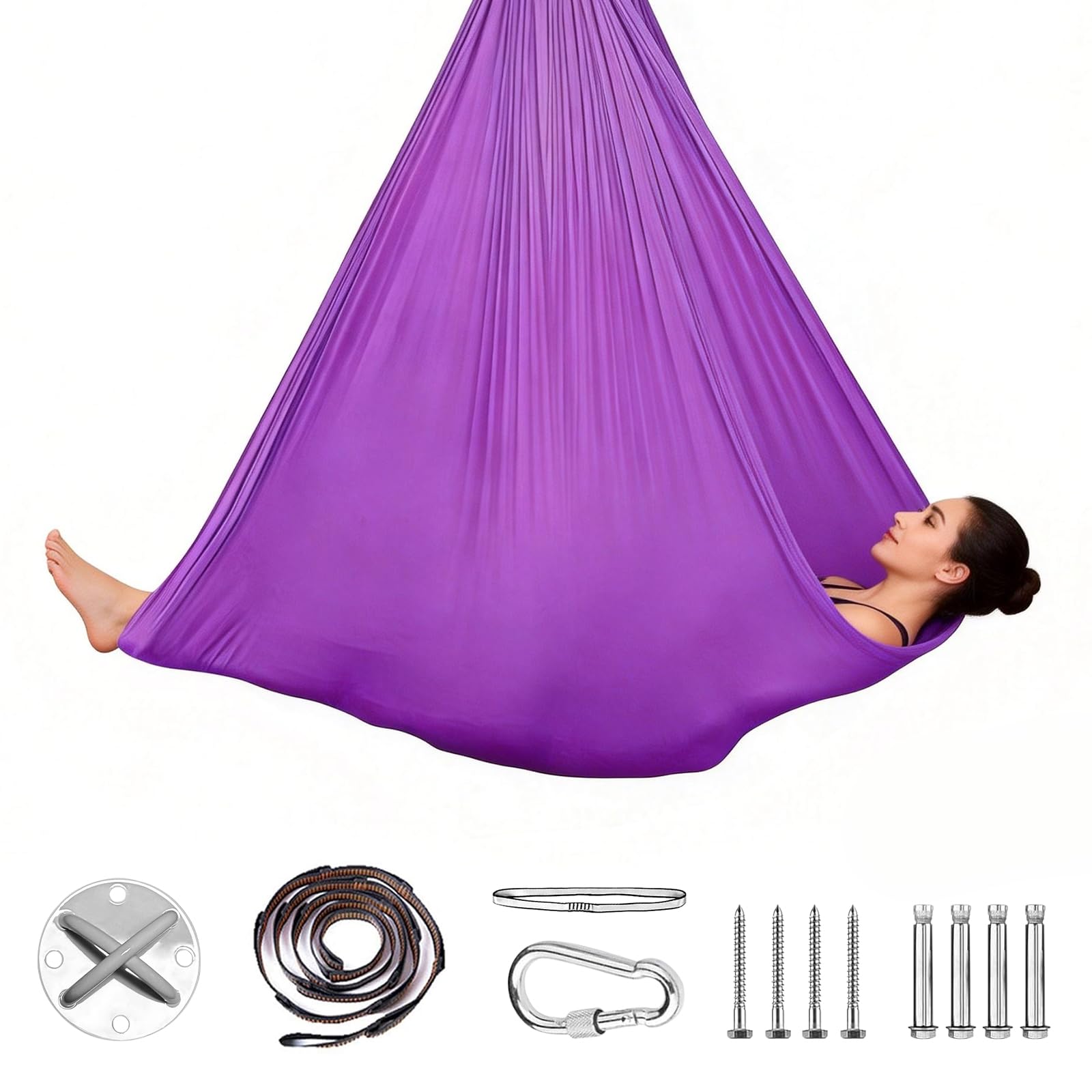 Aerial Yoga Hammock, 2-in-1 Yoga Hammock & Swing, Max. 200 kg, 1.5 x 2.8 m, Aerial Yoga Towel with Mounting Accessories (Light Purple)