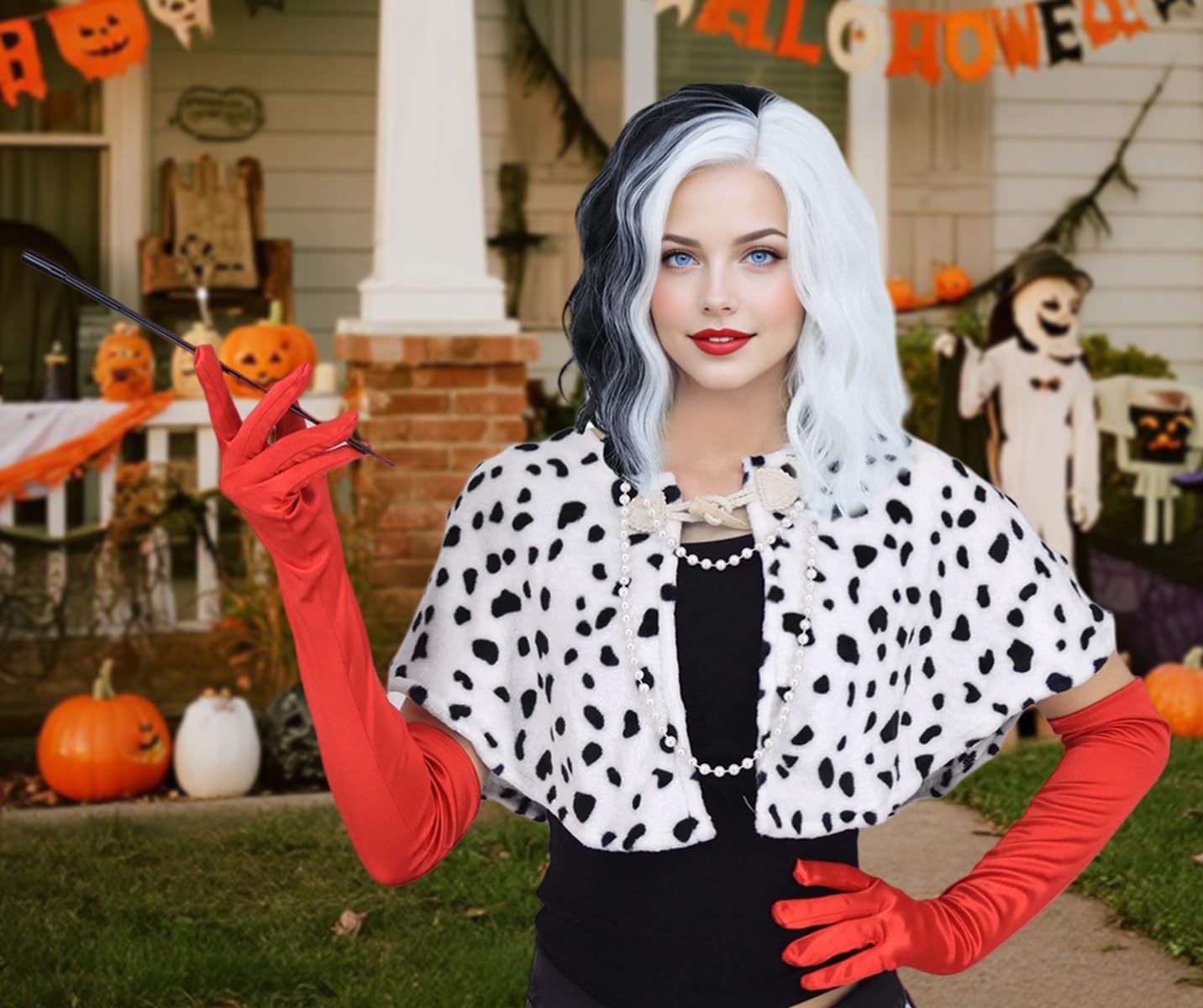 Women Cruella Deville Costume Adult Dalmation Shawl Faux Stole Scarf Halloween Costumes Fancy Dress Cosplay with 6Pcs Accessories Red Gloves Necklace Bracelet Wig Mask C-Holder HN005