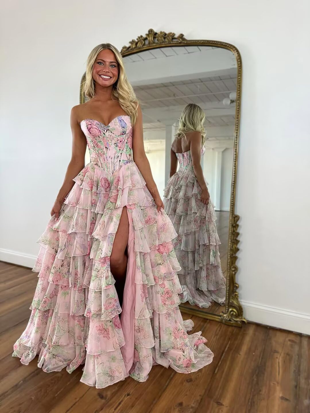 UZN Strapless Floral Prom Dresses 2026 Tiered Corset Formal Evening Party Gowns Long with Slit - Image 2