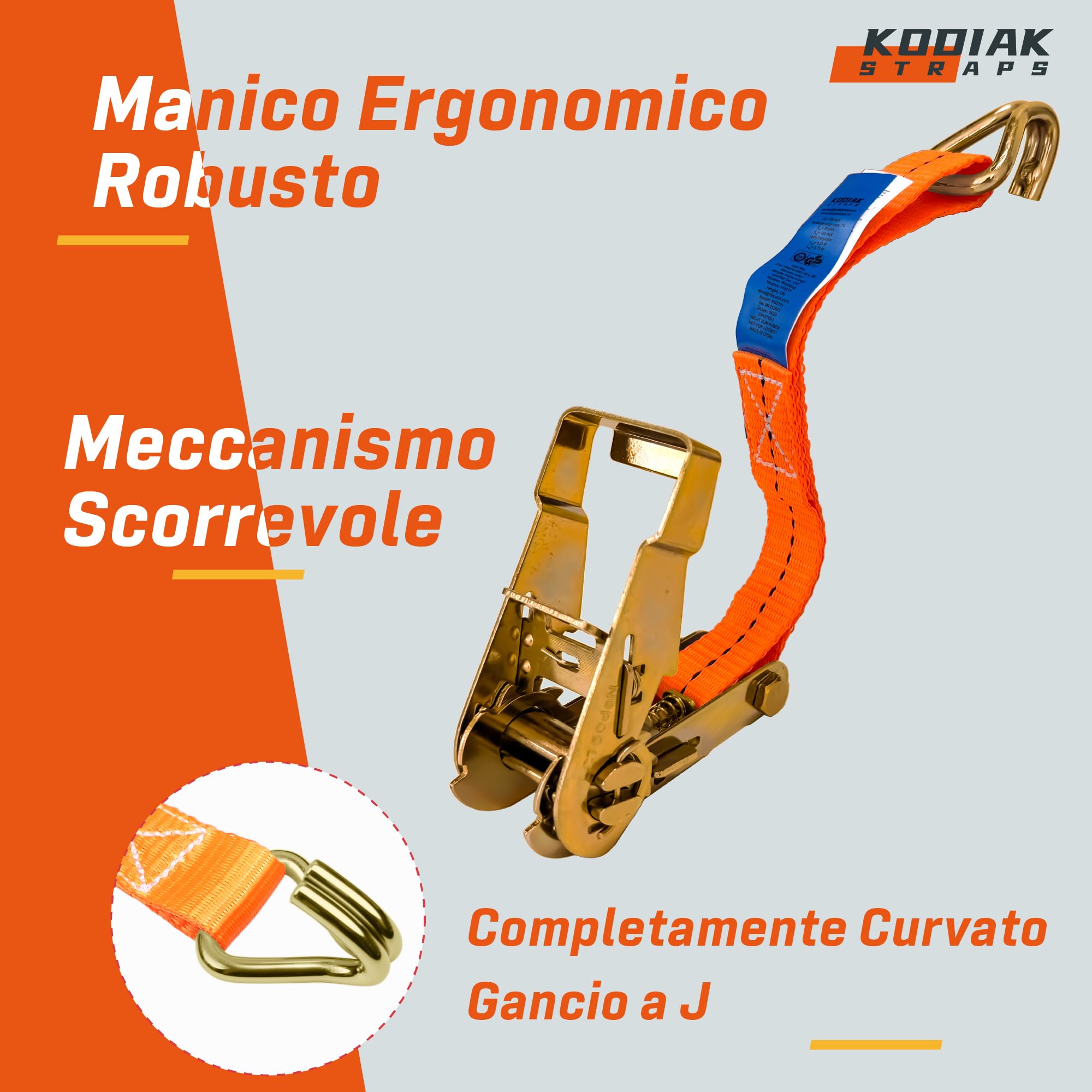 10 Cinghie di Tensione 6m x 1500kg con Cricchetto e Ganci - Cinghie a Cricchetto da 27mm - Cinghia Arancione per la Sicurezza del Carico - Certificato TÜV/GS e secondo DIN EN 12195-2 - KODIAK STRAPS