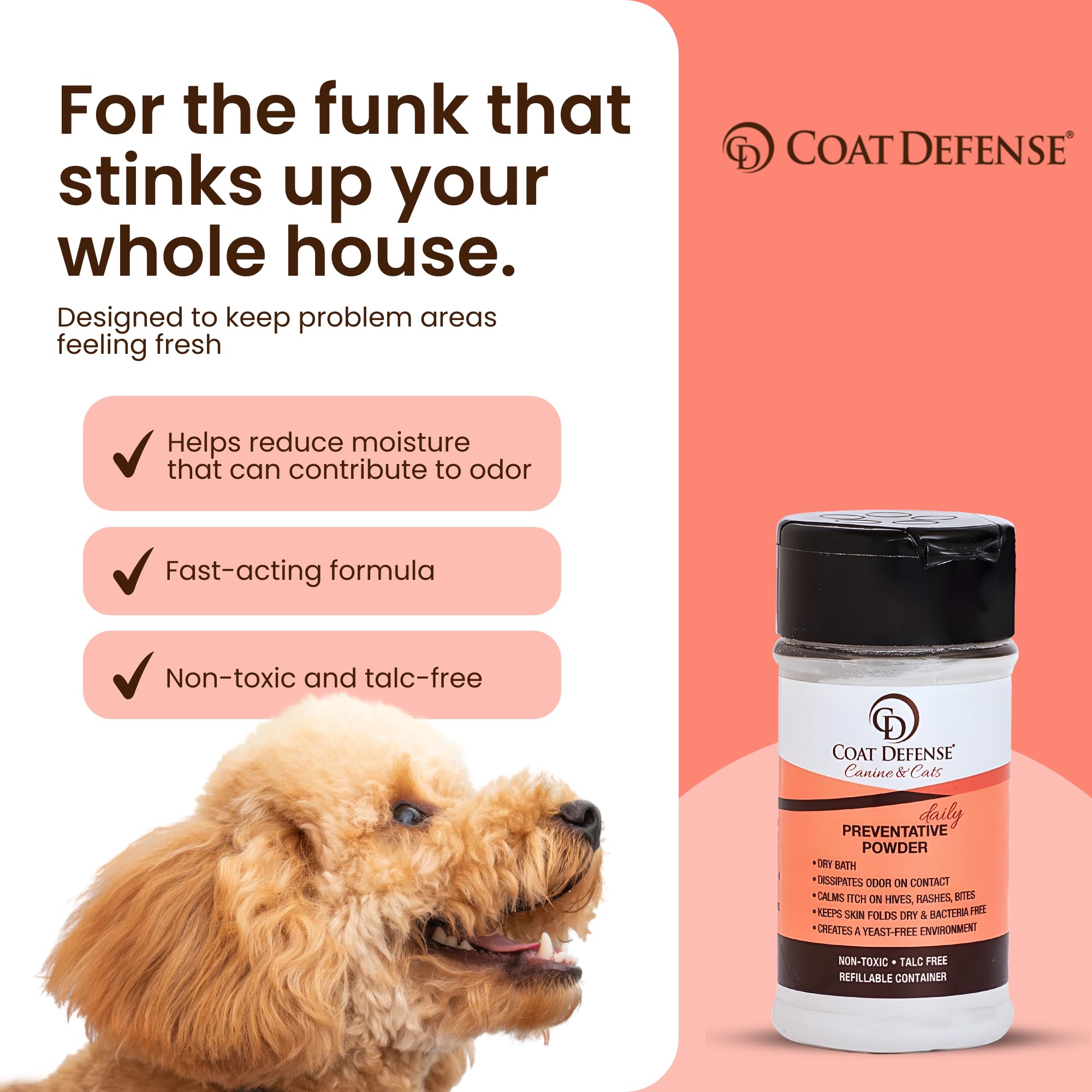 COAT DEFENSE - Polvo preventivo fabricado en EE. UU., champú para perros sin agua, 3,5 oz y desodorante para mascotas para perros con mal olor | P