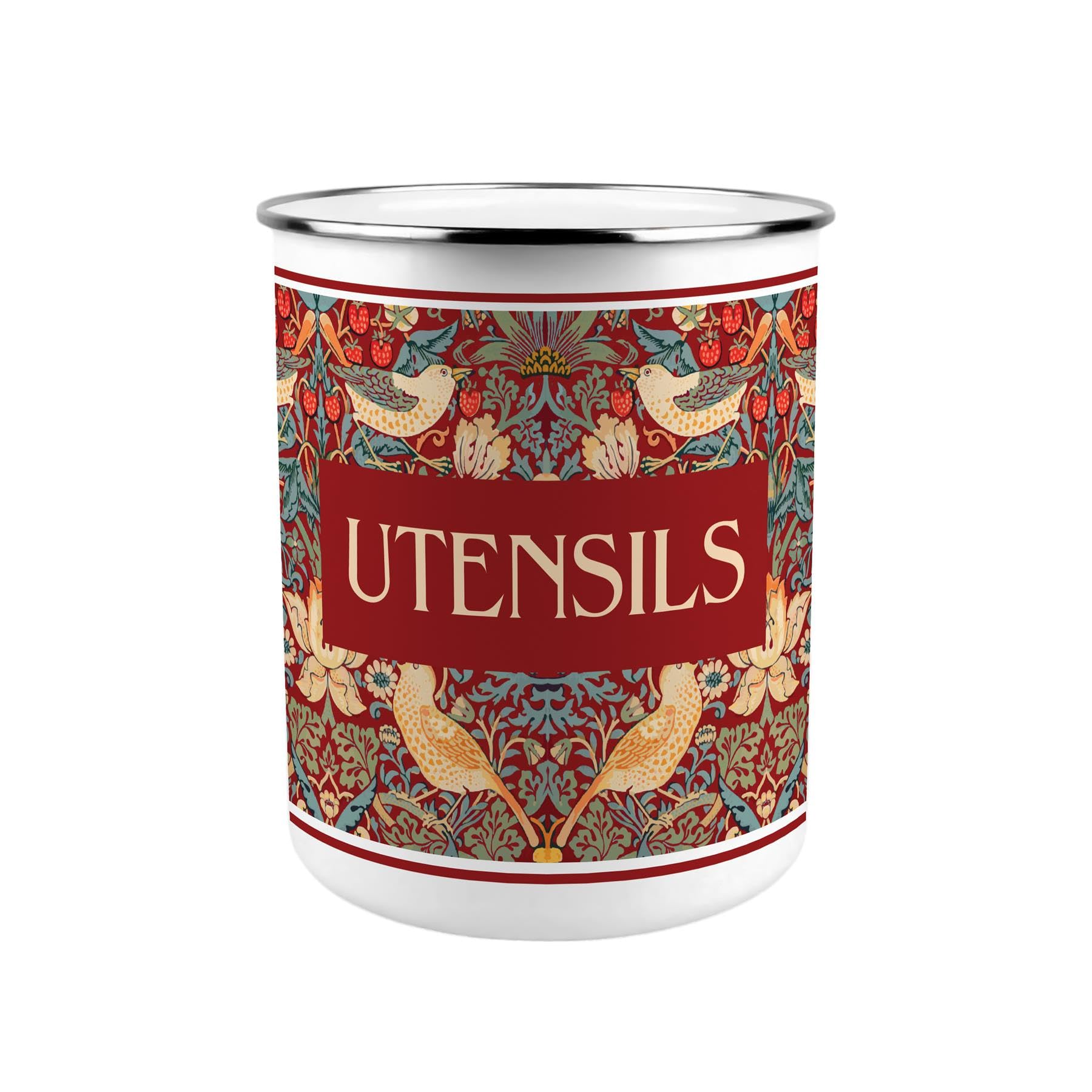 Purely Home Strawberry Thief Metal Utensil Holder - Red XL Kitchen Utensil Pot/Organiser for Countertop Decor Gift 18x16.5cm