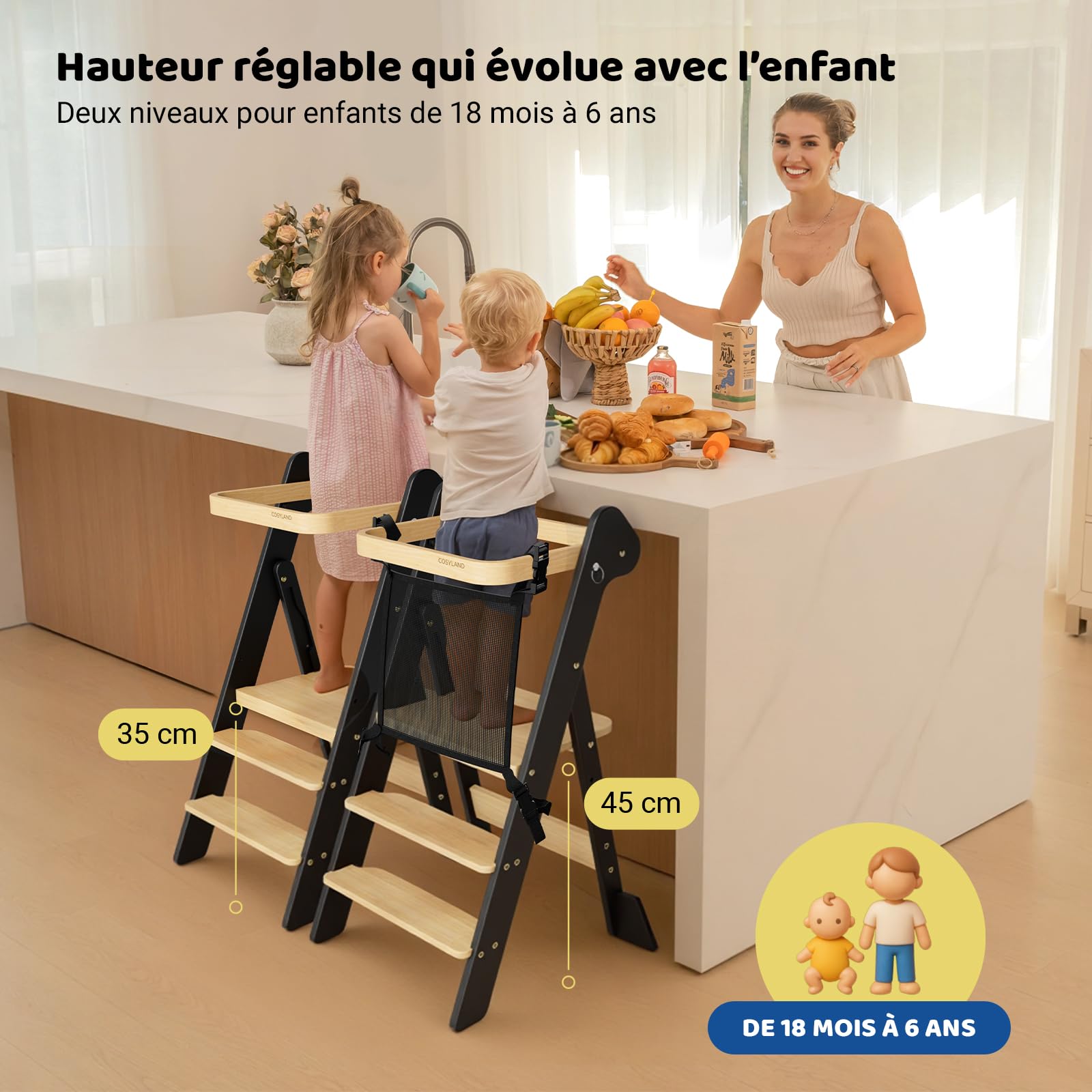 COSYLAND Tour d’Observation Montessori Enfant Pliable – If Design Award, Tour d’Apprentissage en Bois Réglable en Hauteur dès 1 an avec Filet de Sécurité, Kitchen Helper Bébé – Noir & Naturel
