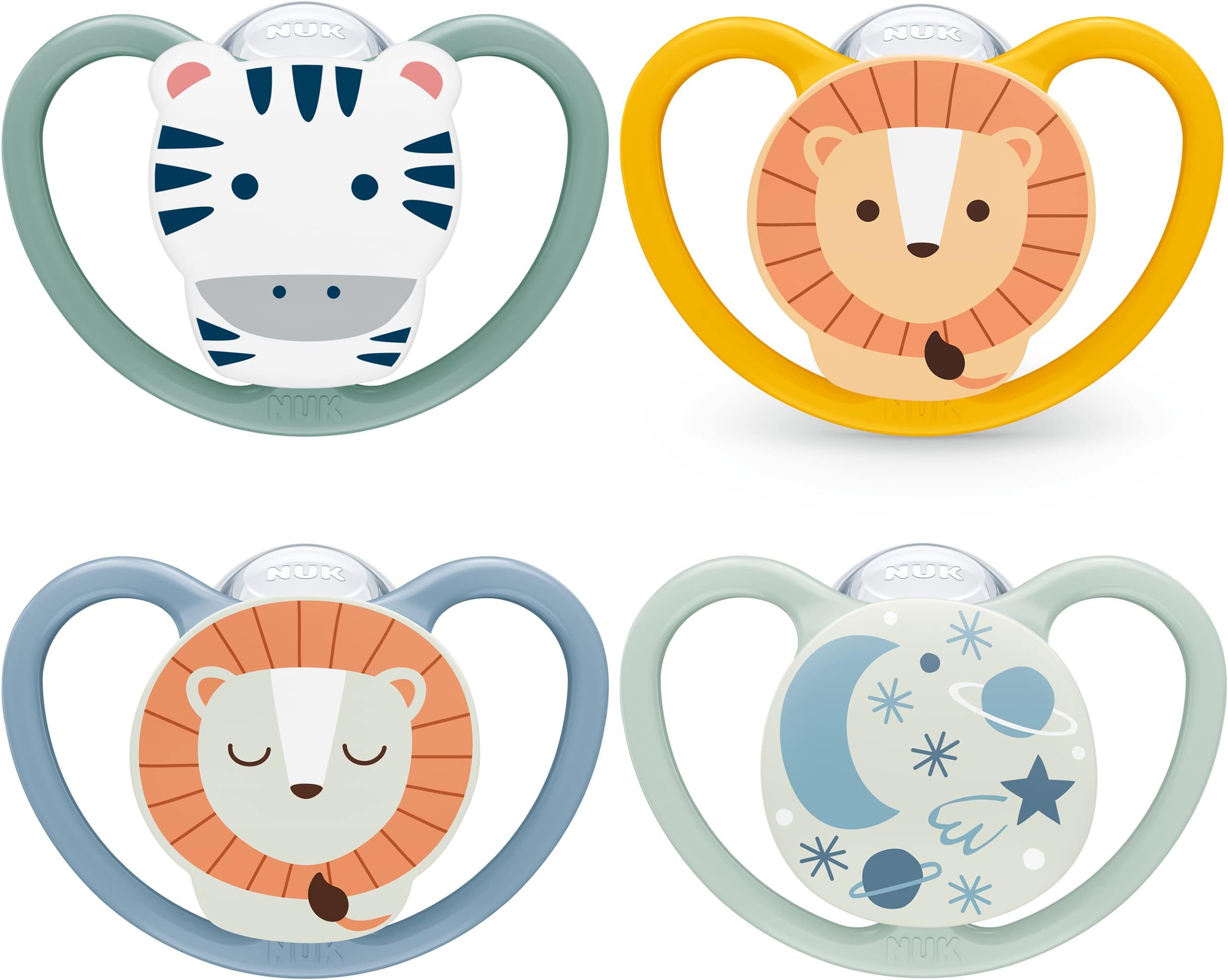 Space Day & Night Baby Pacifier | 6-18 Months | Glowing Pacifier in the Dark with Extra Openings for Sensitive Skin | BPA Free Silicone | Zebra & Lion | 4 Pieces