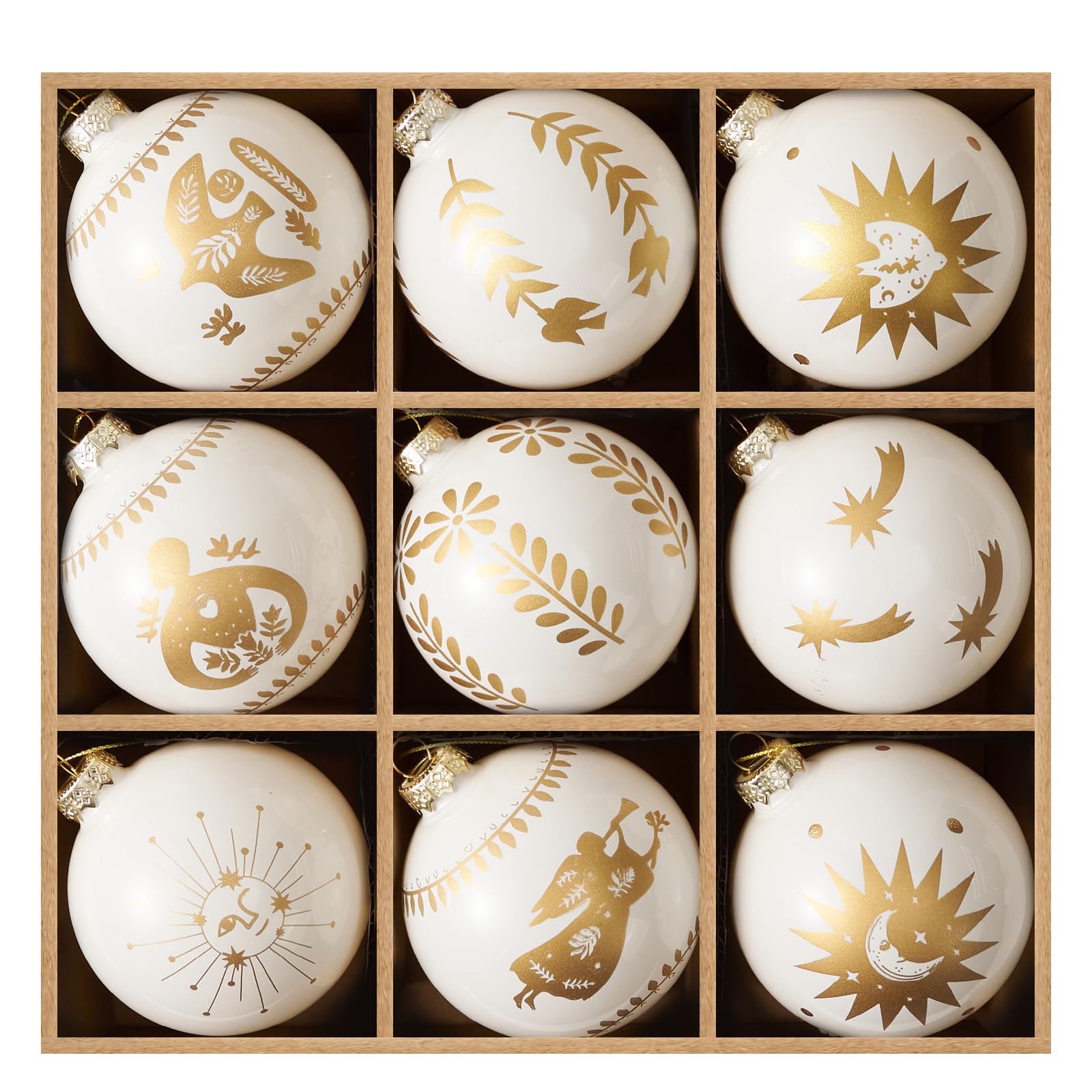 DN DECONATION Weihnachtskugeln Set aus 9 elfenbeinfarbenen Christbaumkugeln | aus Glas, 8 cm Weihnachtsbaumschmuck mit goldenen Friedenssymbolen für Weihnachtsbaum Deko und festliche Weihnachtsdeko